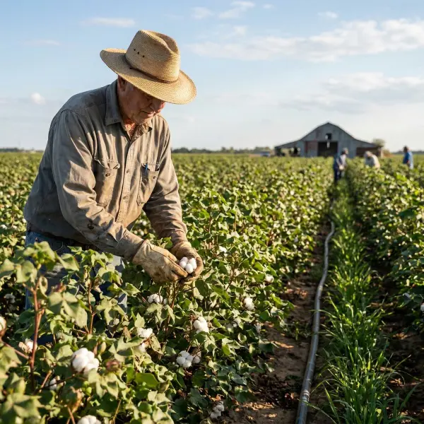 Petani memeriksa tanaman kapas dalam praktik budidaya Better Cotton