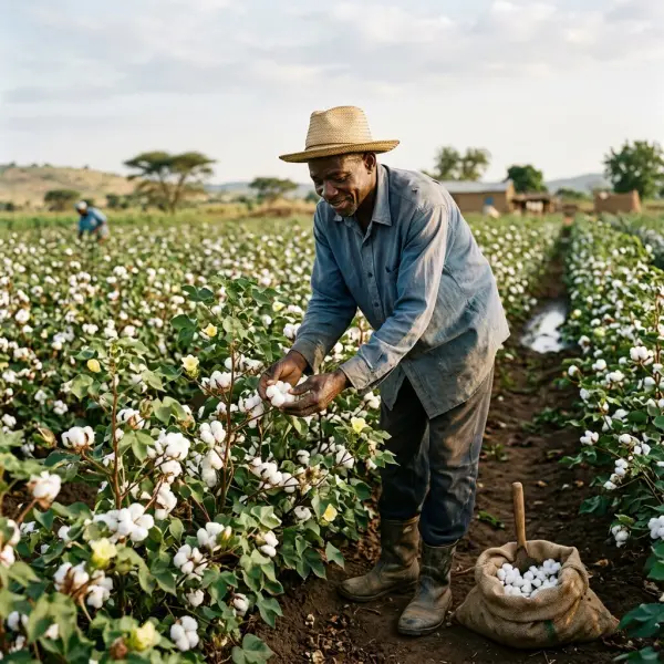 Petani kapas memeriksa tanaman di lahan yang mengikuti standar Better Cotton Petani kapas memeriksa tanaman di lahan yang mengikuti standar Better Cotton