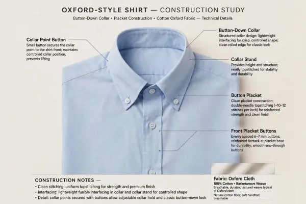 Button-down collar showing secured collar points and shirt construction Button-down collar showing secured collar points and shirt construction