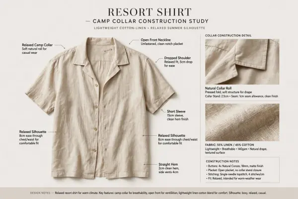 Camp collar showing open neckline and relaxed collar roll Camp collar showing open neckline and relaxed collar roll