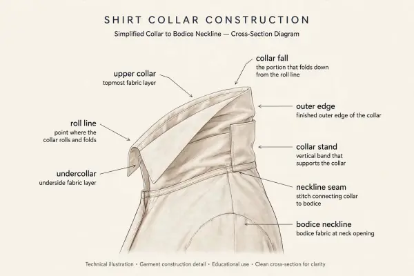 Diagram showing neckline seam, collar stand, roll line, fall, upper collar and undercollar Diagram showing neckline seam, collar stand, roll line, fall, upper collar and undercollar