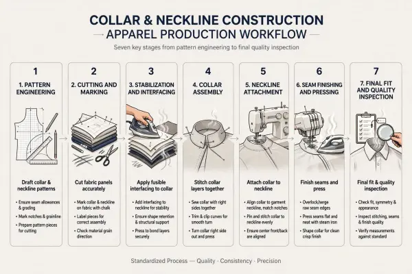 Workflow showing collar and neckline construction from pattern development to final quality control Workflow showing collar and neckline construction from pattern development to final quality control
