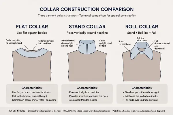 Technical comparison of flat, stand, and roll collar structures Technical comparison of flat, stand, and roll collar structures