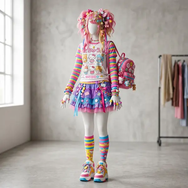 Layering pakaian dan aksesori warna-warni pada outfit Decora Fashion