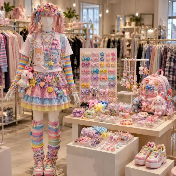 Display retail fashion warna-warni dengan konsep Decora-inspired