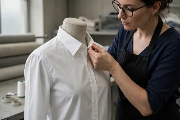 Garment quality inspector checking collar symmetry and neckline construction on a finished shirt Garment quality inspector checking collar symmetry and neckline construction on a finished shirt