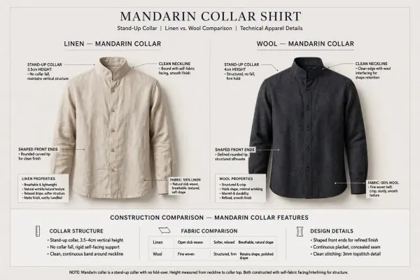 Mandarin collar showing stand height, neckline fit, and front shape Mandarin collar showing stand height, neckline fit, and front shape