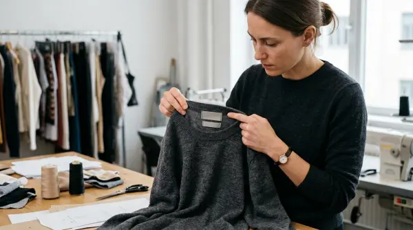 Apparel developer checking inside neckline seams for softness, bulk, and comfort