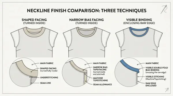 Diagram comparing shaped facing, bias facing, and visible binding at a garment neckline