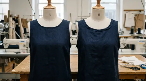 Close-up comparison of clean and poorly finished garment necklines