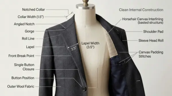 Notched collar and lapel showing angular notch, gorge, roll line, and button position Notched collar and lapel showing angular notch, gorge, roll line, and button position