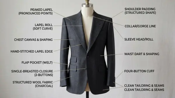 Peaked lapel showing upward-pointing lapel shape and symmetrical tailoring Peaked lapel showing upward-pointing lapel shape and symmetrical tailoring