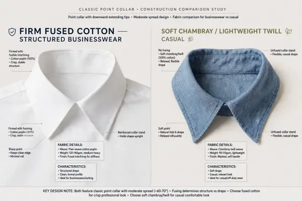 Point collar showing downward extended tips and moderate collar spread Point collar showing downward extended tips and moderate collar spread