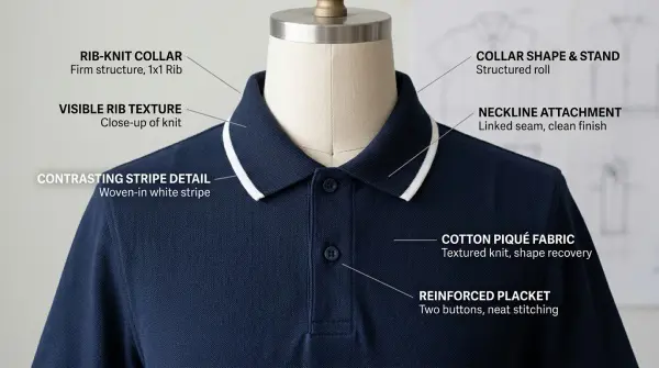 Rib-knit polo collar showing engineered rib structure and neckline attachment Rib-knit polo collar showing engineered rib structure and neckline attachment