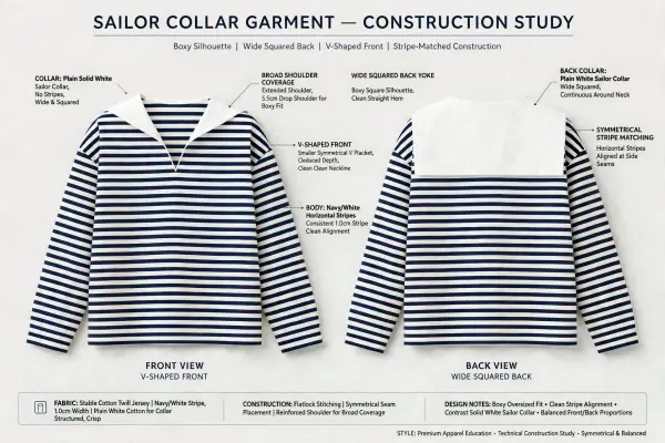 Sailor collar showing broad shoulder coverage, V-shaped front, and squared back Sailor collar showing broad shoulder coverage, V-shaped front, and squared back
