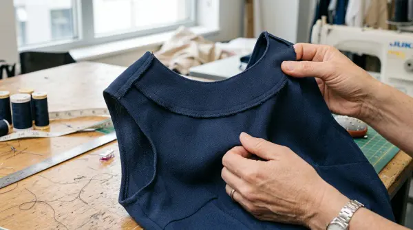 Garment technician inspecting shaped neckline facing, clipped seam allowances, and understitching