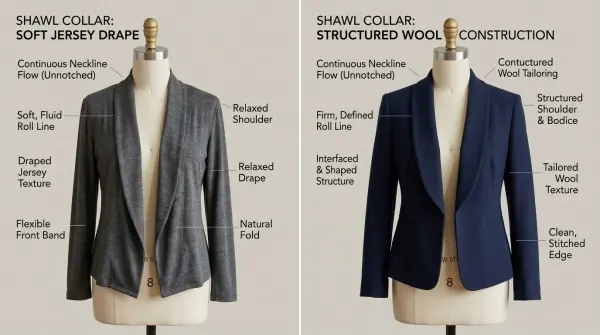 Shawl collar showing a continuous line from neckline into the garment front Shawl collar showing a continuous line from neckline into the garment front