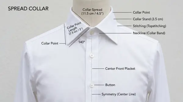 Spread collar showing wide point spacing and balanced symmetrical construction Spread collar showing wide point spacing and balanced symmetrical construction
