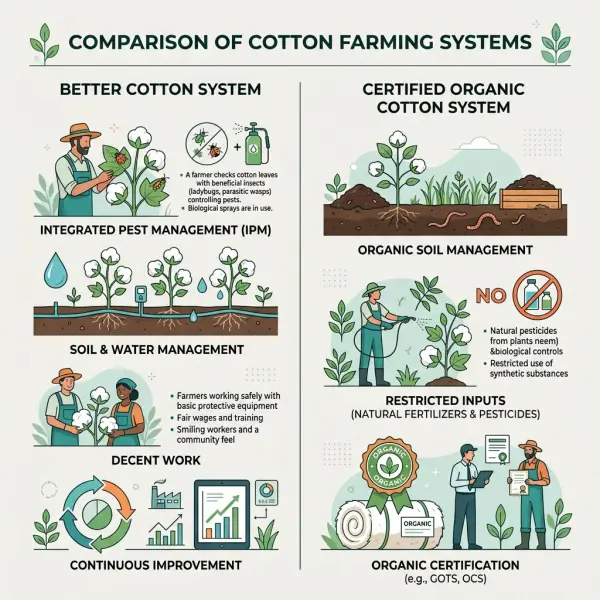 Perbandingan praktik pengelolaan lahan Better Cotton dan kapas organik