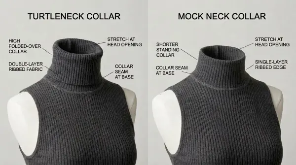 Comparison of turtleneck and mock neck collar heights and construction Comparison of turtleneck and mock neck collar heights and construction