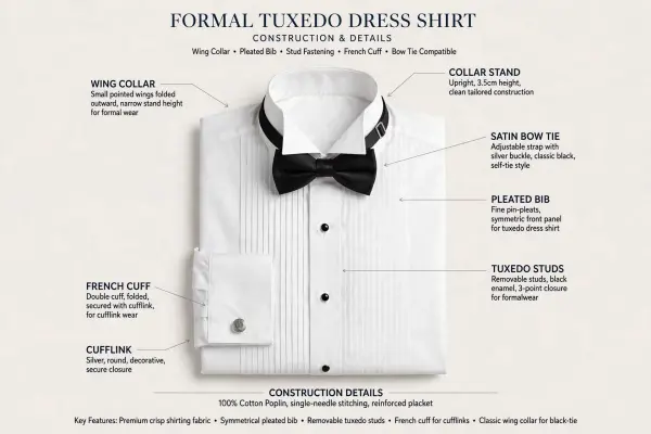 Wing collar on a formal dress shirt showing upright structure and outward folded corners Wing collar on a formal dress shirt showing upright structure and outward folded corners