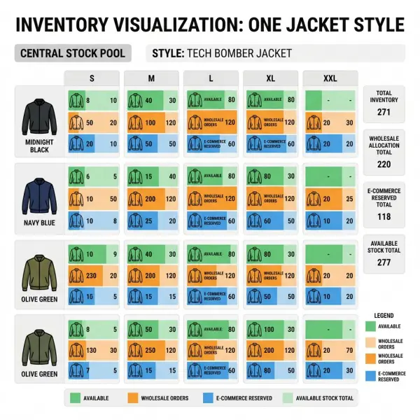 Apparel ERP inventory allocation by size color and sales order