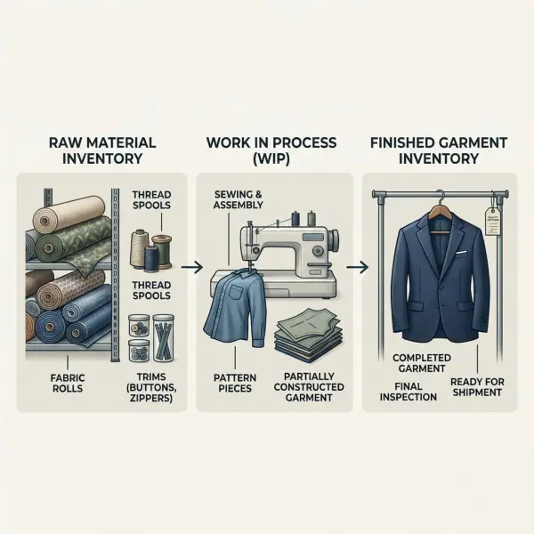 ERP flow from fabric inventory through garment production to finished goods
