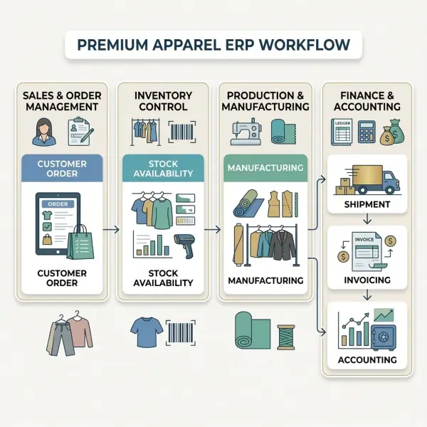 Fashion ERP workflow connecting inventory production sales and finance