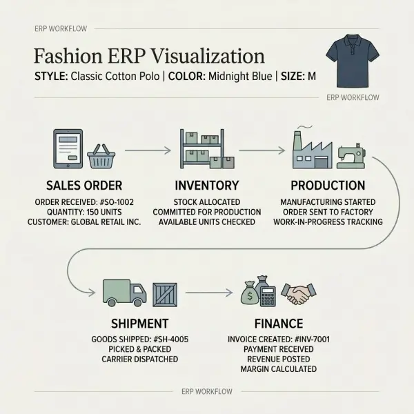 Style color size SKU flowing through fashion ERP transactions