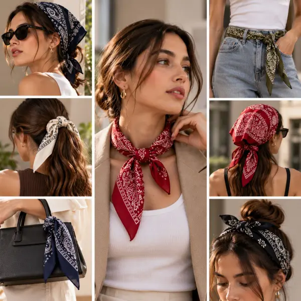 Berbagai cara memakai bandana sebagai aksesori kepala, leher, rambut, tas, dan outfit