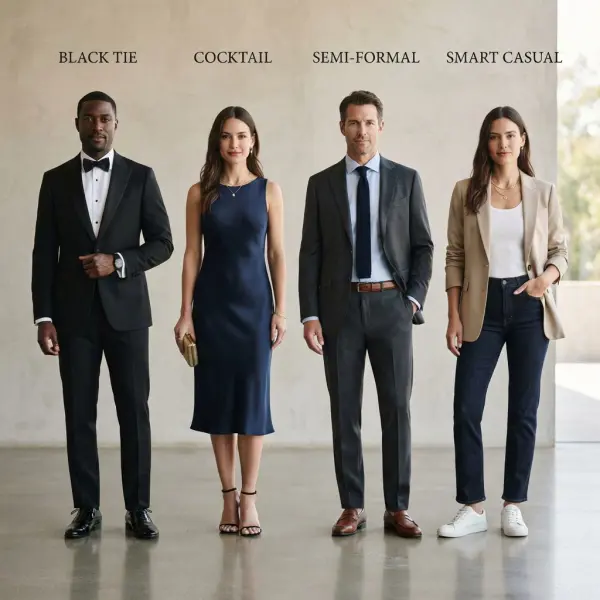 Comparison of black tie cocktail semi-formal and smart casual event outfits