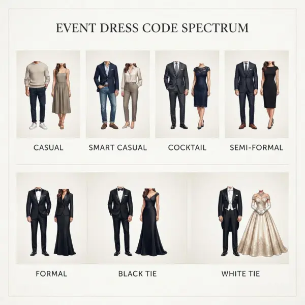 Dress code formality spectrum from casual clothing to white tie formalwear