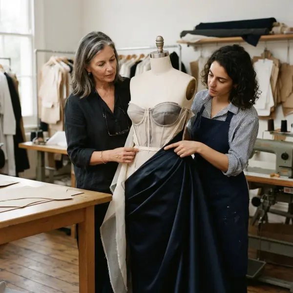 Fashion designer developing structured eventwear in an apparel studio