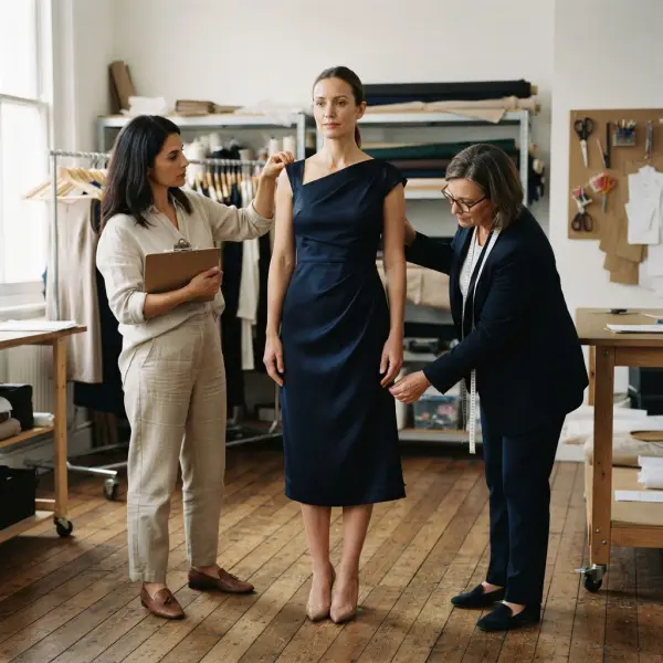 Fashion product team checking fit and movement of an occasion dress