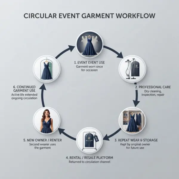 Event dress moving between rental resale and repeated wardrobe use