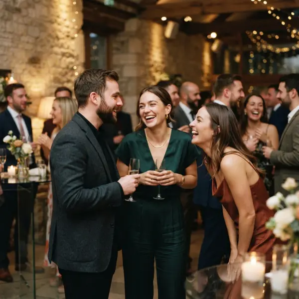 Guests wearing modern occasion clothing during a meaningful celebration