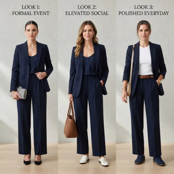 Fashion spectrum showing formal eventwear transitioning into versatile everyday styling