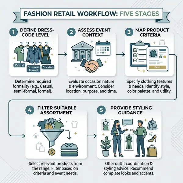 Fashion retail workflow for turning event dress codes into product recommendations