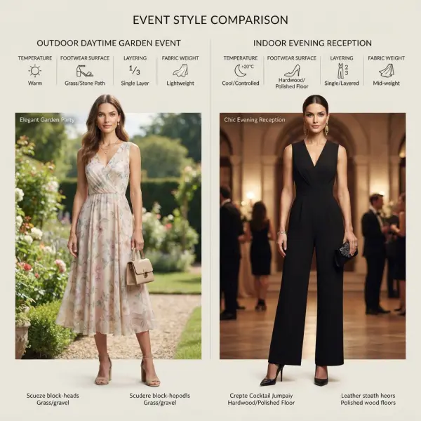 Fashion styling comparison for outdoor daytime and indoor evening events