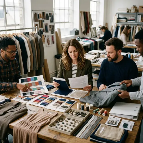 Tim pengembangan produk fashion mengevaluasi kain dan finishing untuk memastikan persyaratan compliance
