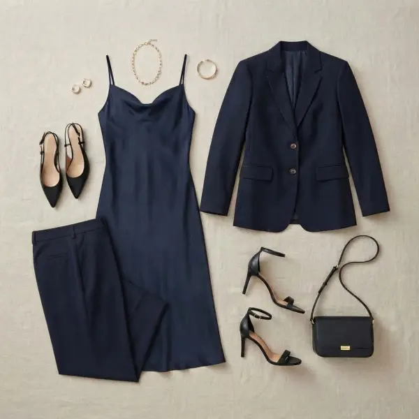 Versatile event wardrobe with tailoring dress and accessories for multiple occasions