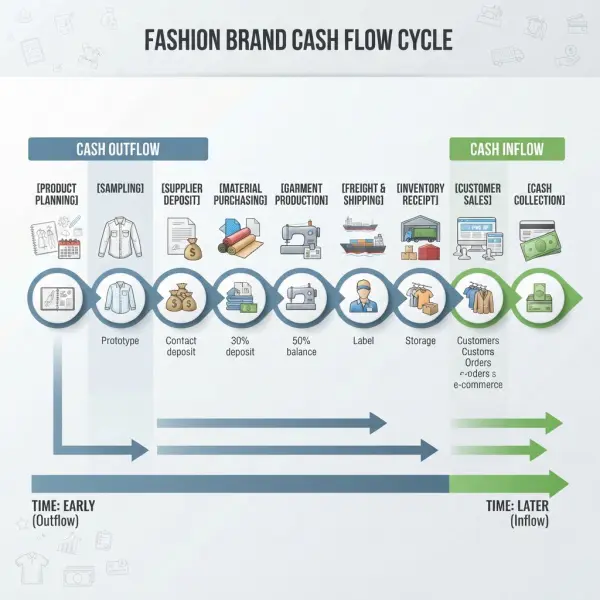 Fashion cash flow cycle from product development and production to inventory and customer payments Fashion cash flow cycle from product development and production to inventory and customer payments