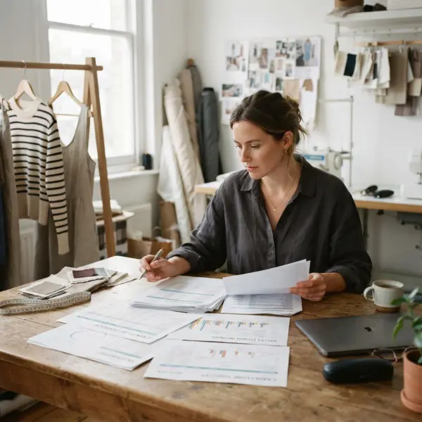 Small fashion brand owner reviewing cash flow planning beside garments and production documents Small fashion brand owner reviewing cash flow planning beside garments and production documents