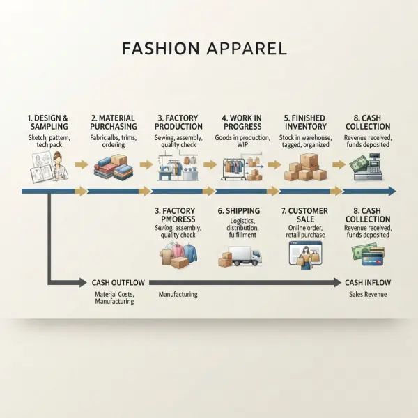 Fashion production and inventory cash flow cycle from materials to customer payment Fashion production and inventory cash flow cycle from materials to customer payment