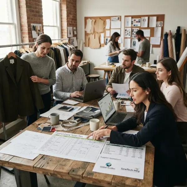Fashion business team reviewing production, merchandising and cash flow decisions together Fashion business team reviewing production, merchandising and cash flow decisions together