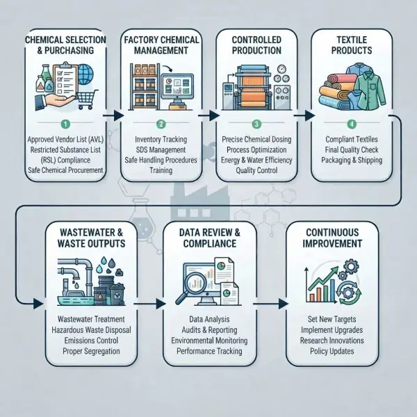 Visualisasi hubungan komponen ZDHC dari chemical input hingga proses dan output produksi tekstil Visualisasi hubungan komponen ZDHC dari chemical input hingga proses dan output produksi tekstil