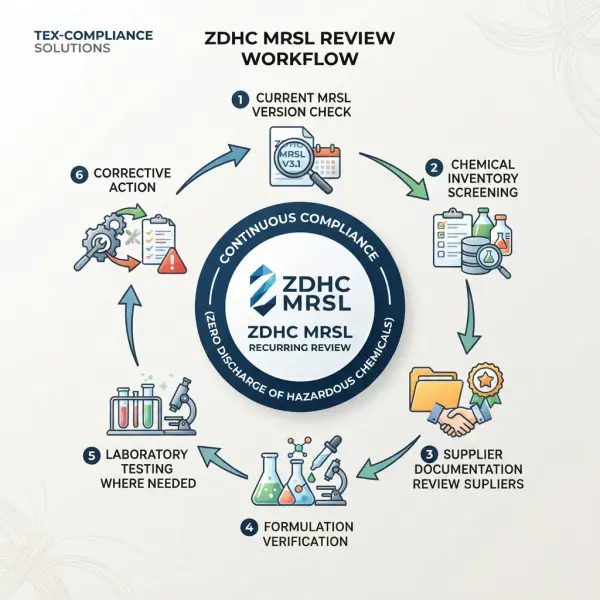 Tim compliance tekstil memeriksa pembaruan versi ZDHC MRSL untuk evaluasi bahan kimia