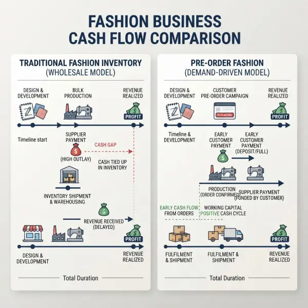 Comparison of pre-order and traditional inventory cash flow for fashion brands Comparison of pre-order and traditional inventory cash flow for fashion brands