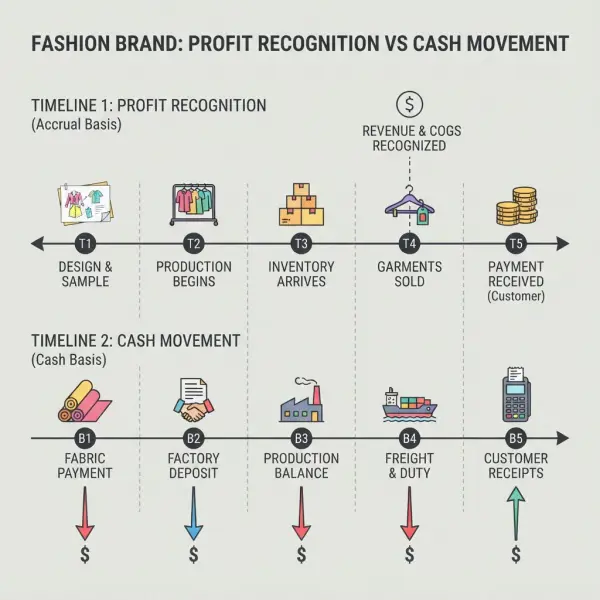 Diagram comparing profit recognition and actual cash movement in a fashion business