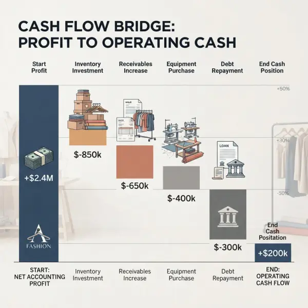 Financial bridge showing how profit can turn into low available cash for a fashion brand